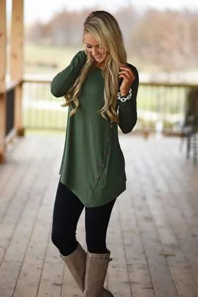 Olive Green Asymmetric Button Up Long Shirt with Leggings & Knee High Boots