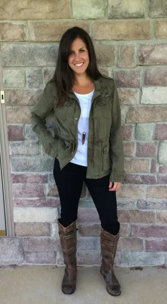 Green Jacket with Black Skinny Jeans & Knee High Boots