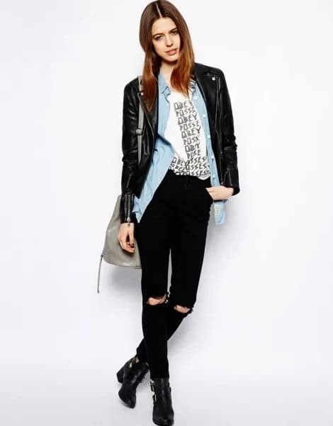 Black Leather Jacket with Light Blue Chambray Shirt & Ankle Boots