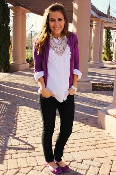 Purple Cardigan with White Ruffle Neckline Blouse