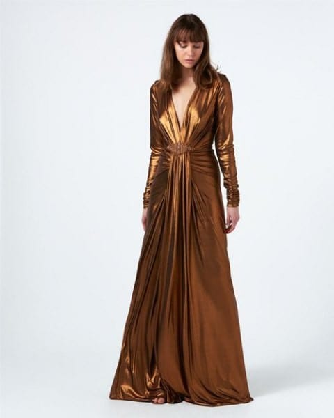 Bronze Floor Length Long Sleeve Flowy Wrap Dress