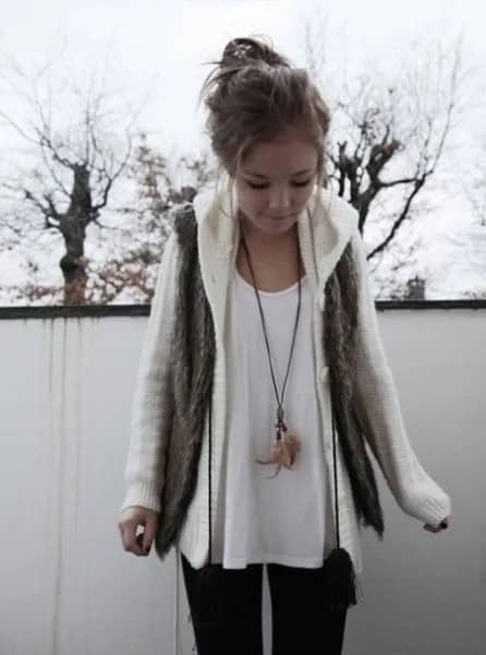 White Cable Knit Sweater Coat with Scoop Neck Tee