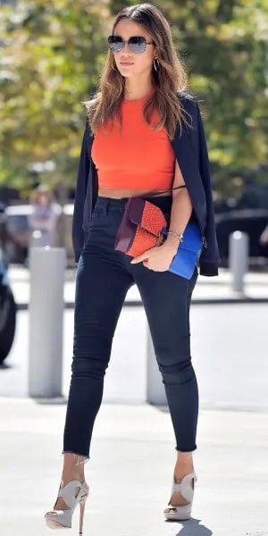 Orange Sleeveless Crop Top with Black High Rise Super Skinny Jeans