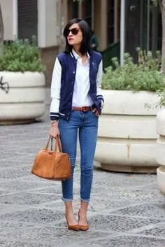 Navy Blue Jacket with White Button Up Shirt & Cuffed Slim Fit Jeans