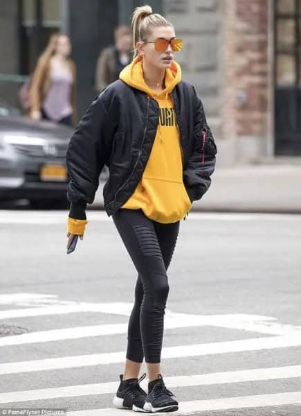 Yellow Hoodie with Black Bomber Jacket & Cropped Jeans