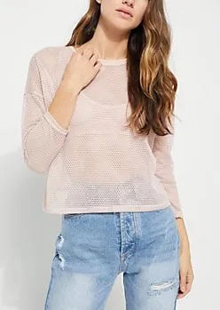 White Long Sleeve Mesh Top with Mom Jeans