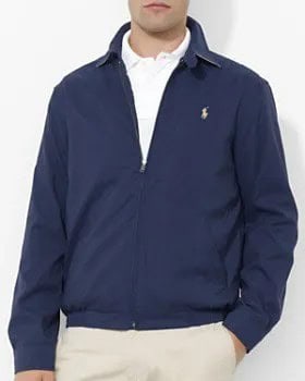 Dark Blue Windbreaker with White Polo Shirt