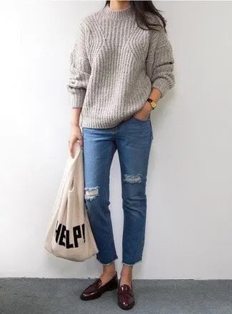 Grey Ribbed Crew Neck Sweater with Blue Cropped Jeans & Burgundy Loafers