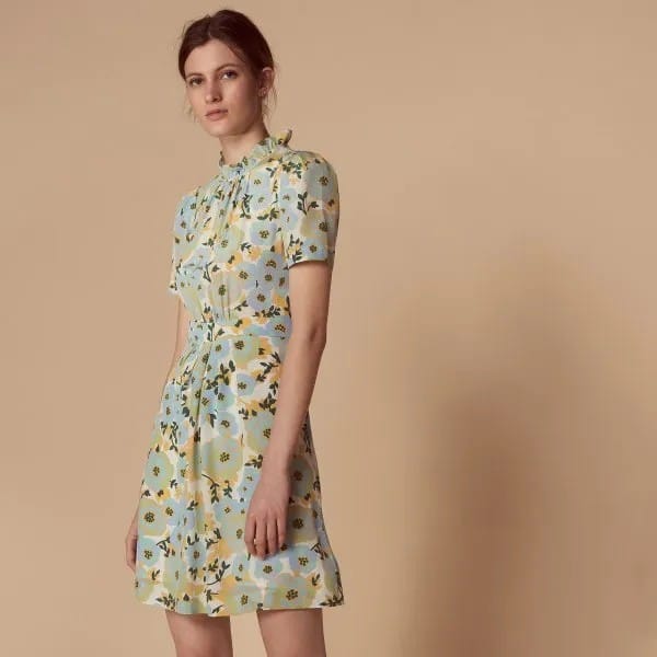 Light Green and Pale Blue Floral Printed Mock Neck Dress