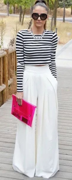 Black and White Striped Long Sleeve Cropped T Shirt with Wide Leg Dress Pants