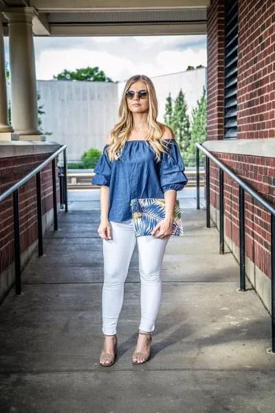 Denim Off The Shoulder Top with Colorful Clutch Bag