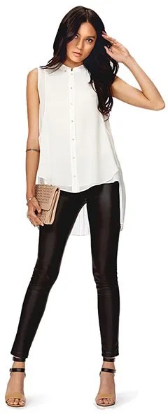 White Chiffon Sleeveless Blouse with Black Leather Leggings