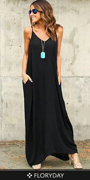 Black Spaghetti Strap Maxi Shift Cotton Dress