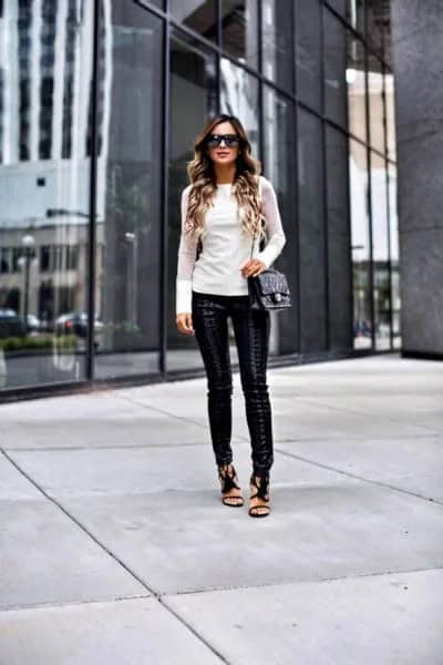 White Form Fitting Long Sleeve Sweater with Leather Leggings & Open Toe Heels