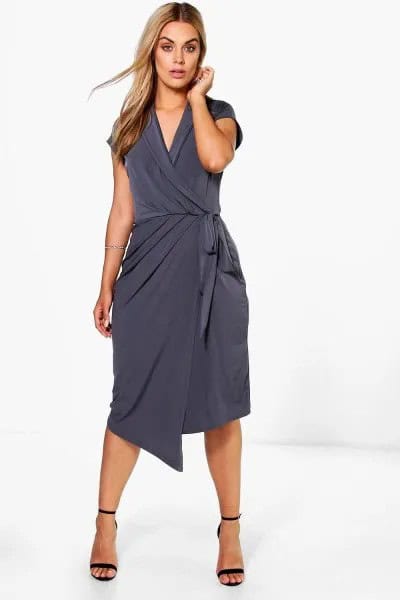 Grey Relaxed Fit Tie Waist Midi Wrap Front Dress