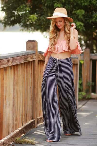 Blush Pink Sleeveless Ruffle Crop Top with Black and White Striped Pants