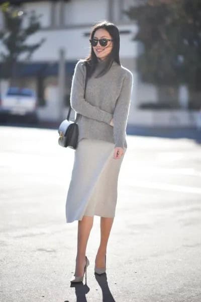 Grey Mock Neck Sweater with Knee Length Skirt