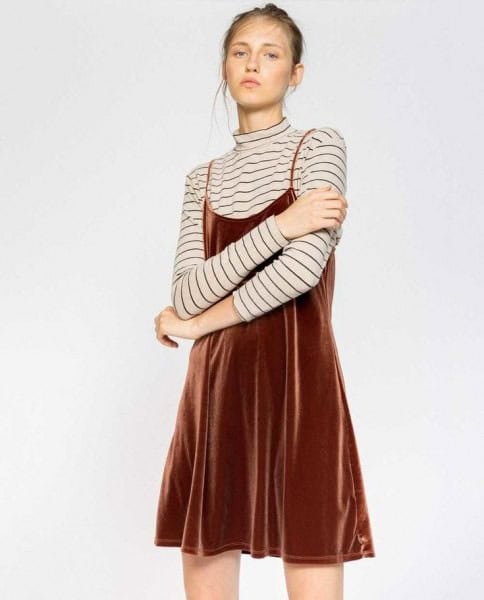 Brown Velvet Slip Dress with Striped Long Sleeve Tee