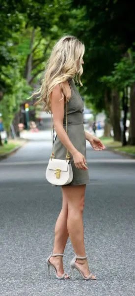 Green Khaki Dress with White Leather Shoulder Purse