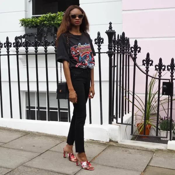 Oversized Print Tee with Black Ankle Slim Fit Jeans