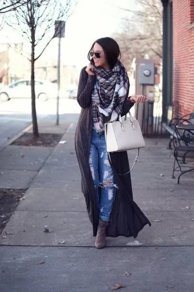 Grey Maxi Sweater with Plaid Scarf & Boyfriend Jeans