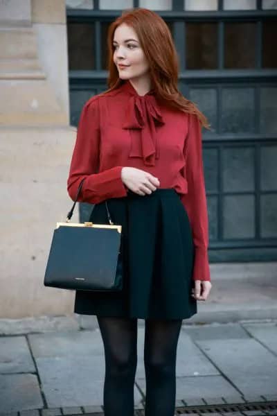 Red Ribbon Bow Blouse with Black Skater Skirt