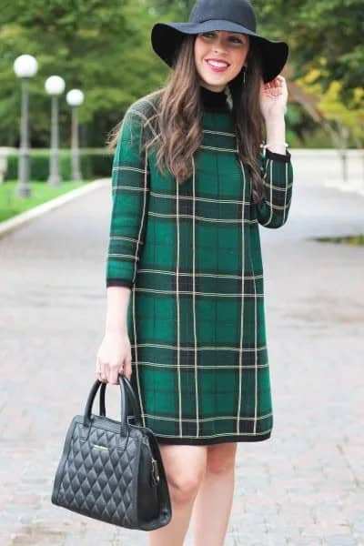 Grey Tartan Three Quarter Sleeve Mini Dress with Black Floppy Hat