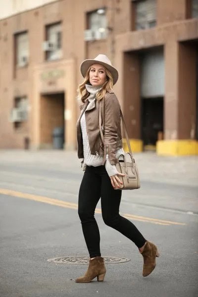 Leather Jacket with Grey Turtleneck Sweater & White Felt Hat