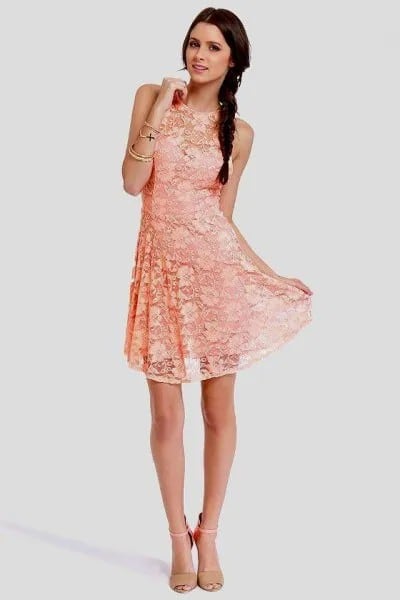 Peach Sleeveless Lace Fit and Flare Mini Dress with Blush Pink Heels