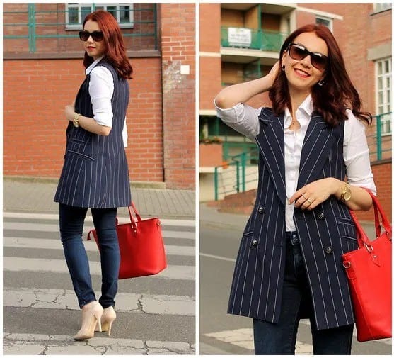 Black Striped Sleeveless Blazer with White Button Up Shirt