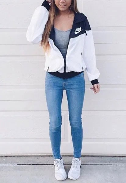 White Windbreaker with Grey Form Fitting Tank Top & Blue Skinny Jeans