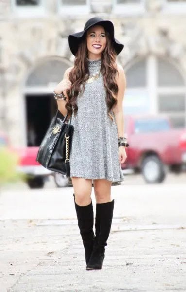 Grey Sweater Dress with Floppy Hat