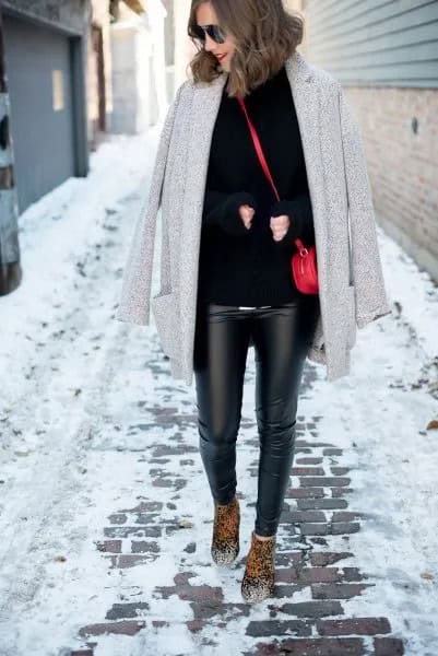 Heather Grey Oversized Sweater with Black Leather Winter Leggings & Leopard Print Boots