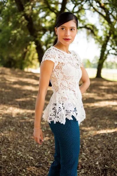 White Cap Sleeve Lace Peplum Top with Blue Polka Dot Cotton Pants