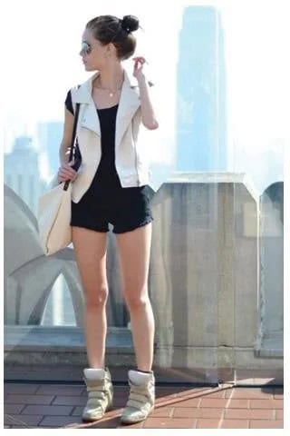 White Sleeveless Blazer Vest with Black Mini Shorts & Blush Sneakers