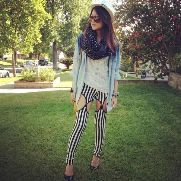 Blue Denim Jacket with Black and White Vertical Striped Leggings