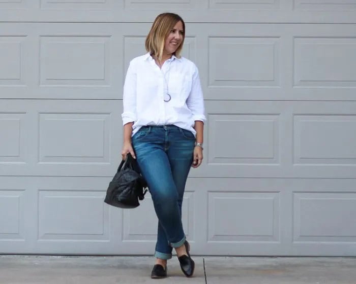 White Button Up Shirt with Cuffed Slim Fit Jeans & Black Loafers