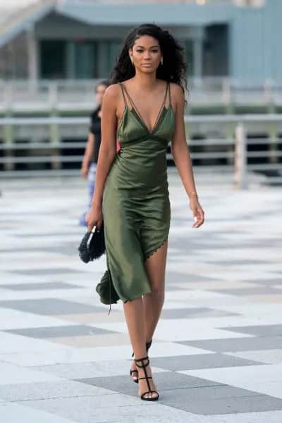 Green Asymmetric Midi Silk Slip Dress with Strappy Open Toe Heels