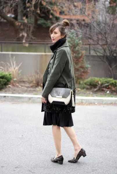 Grey Trench Coat with Black Skater Skirt & Cheetah Heeled Loafers