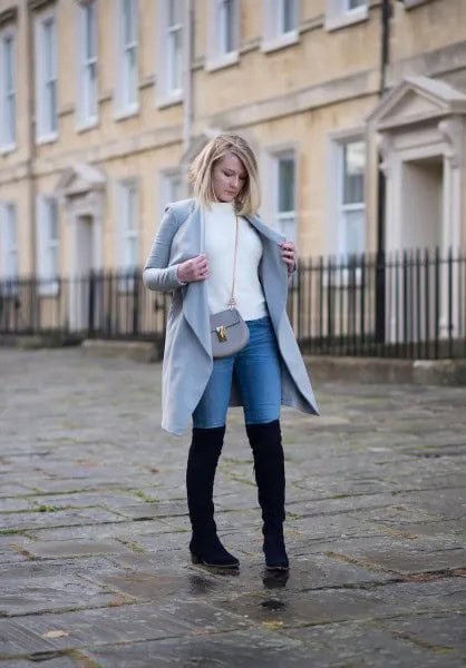 White Sweater with Grey Long Coat & Blue Tall Jeans