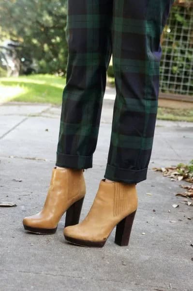 Green Plaid Pants with Light Brown Leather Ankle Heeled Boots