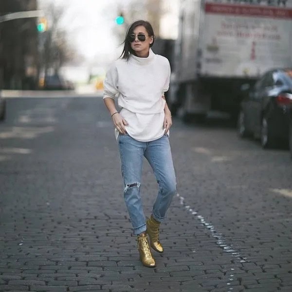 White Mock Neck Oversized Sweater with Boyfriend Jeans & Gold Boots