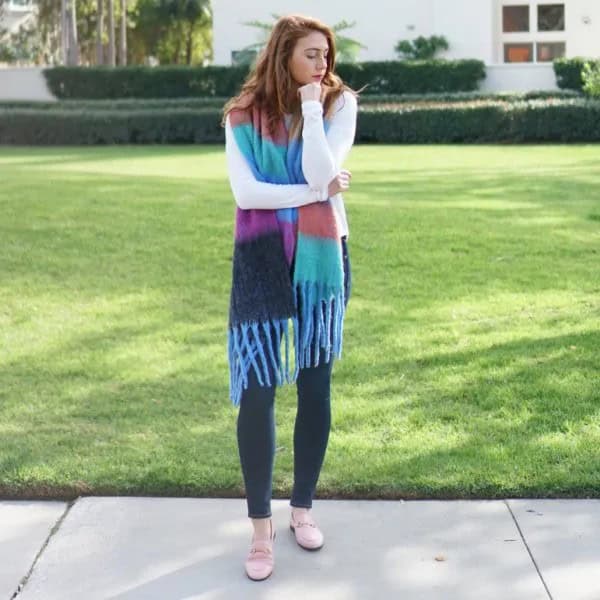 White Sweater with Colorful Fringe Knit Scarf