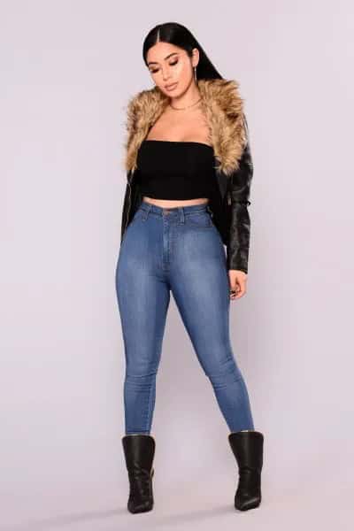 Black Crop Top with Leather Jacket & Blue Skinny Jeans