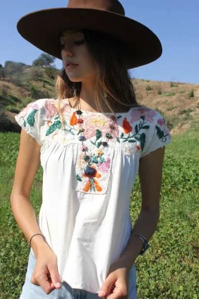 White Mexican Blouse with Brown Felt Hat