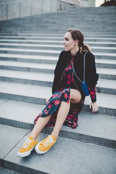 Low Top Sneakers with Black and Red Floral Printed Midi Skirt