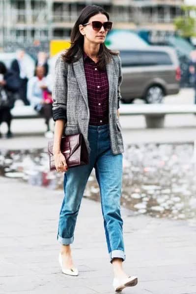 Grey Plaid Blazer with Black Shirt & Boyfriend Jeans