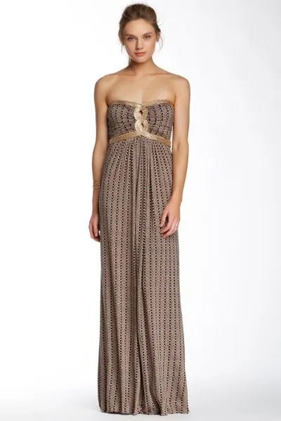 Pink and Black Patterned Gathered Waist Maxi Strapless Dress