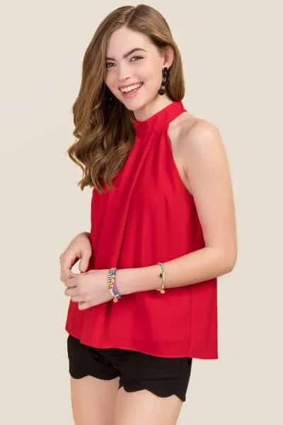 Red Chiffon Top with Black Scalloped Hem Mini Shorts