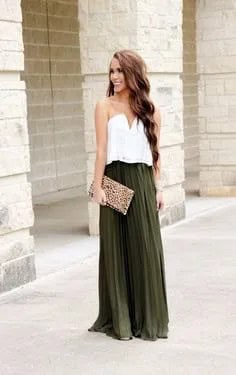 White Sweetheart Neckline Top with Green Maxi Pleated Skirt